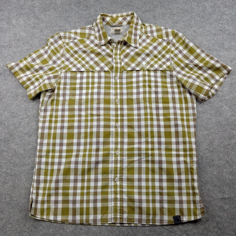 LL Bean Shirt Mens Medium Green Brown Plaid‎ Short Sleeve Button Vented Mesh